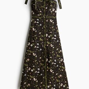 NWT H&M Black Floral Cotton Midi Dress Tie Straps A-Line XXS